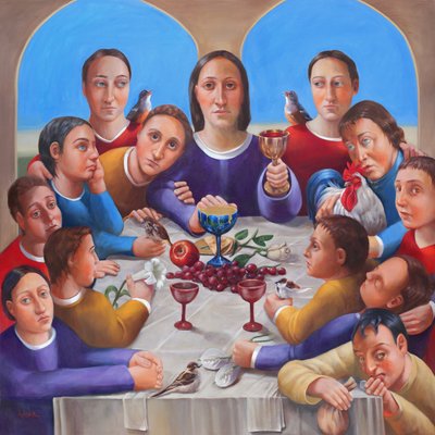 Ostatnia Wieczerza, 2018 (olej i złoto płatkowe na płótnie) autorstwa Rosemarie Adcock