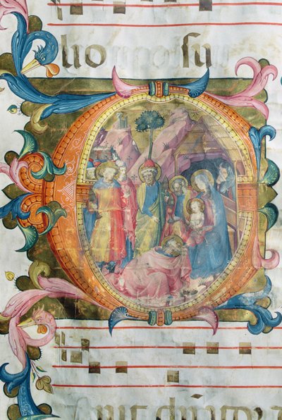 Corale / Graduale nr 5 Historyczny inicjał „O” przedstawiający Pokłon Trzech Króli autorstwa Rossello Franchi
