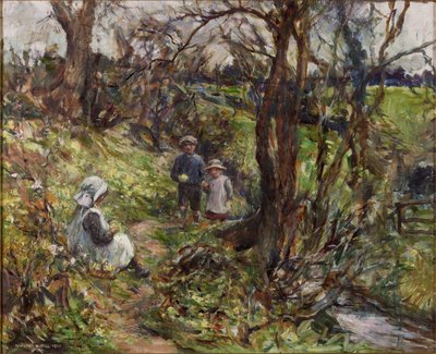 Zbieracze pierwiosnków (olej na płótnie) autorstwa Rowland Henry Hill