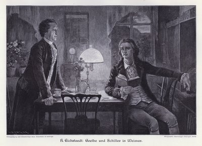 Pisarze niemieccy Friedrich Schiller i Johann Wolfgang von Goethe w Weimarze (grafika) autorstwa Rudolf Eichstaedt