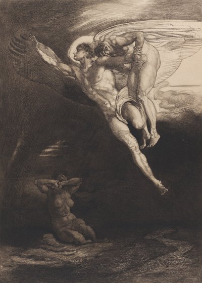 Lucyfer przenosi Kaina w przestrzeń skończoną, z Ośmiu rycin na Kainie Byrona, ..., 1919-1920. autorstwa Rudolf Jettmar