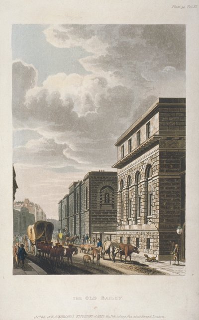 Widok na Old Bailey, patrząc na północ, City of London, 1814 autorstwa Rudolph Ackermann