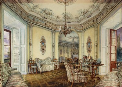 Widok wnętrza Salonu Zamkowego w Obertwaltersdorfie; Widok wnętrza salonu w zamku Obertwaltersdorf, autorstwa Rudolf von Alt