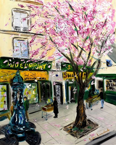 Kwiaty wiśni w Shakespeare and Co Paris - ze złotym zdobieniem, 2023 (olej na płótnie) autorstwa Ruslana Levandovska