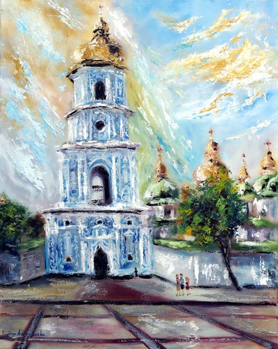 Kijów ze złotą kopułą, Ukraina, 2022 (olej na płótnie) autorstwa Ruslana Levandovska
