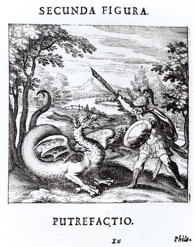 Rycerz pokonujący „Rota”, którego ucieleśnia smok, z „Musaeum Hermeticum Reformatum” Bazylego Walentego, 1678 autorstwa Russian School