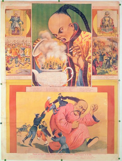 Komiks rosyjski plakat satyryczny na Europejczyków w Chinach, wydrukowany w Moskwie, Rosja, 1900 autorstwa Russian School