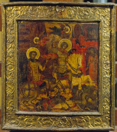 Ikona przedstawiająca św. Jerzego i św. Demetriusza, ok. 1676 (tempera na desce) autorstwa Russian School