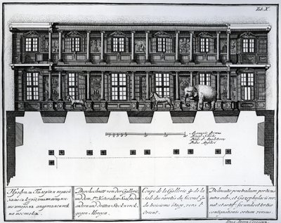 Przekrój drugiego i trzeciego piętra Sali Rarytasów, patrząc w kierunku wschodnim, ilustracja w Komnatach Biblioteki i Galerii Cesarskiej Akademii Nauk w Petersburgu przedstawiająca plany, Fac autorstwa Russian School