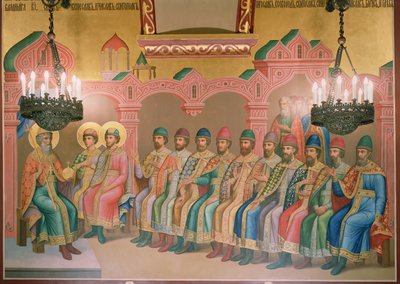 Św. Włodzimierz, wielki książę kijowski i jego synowie, malowidło ścienne mistrzów Palech w Fasetowanej Komnacie, 1882 (fresk) autorstwa Russian School