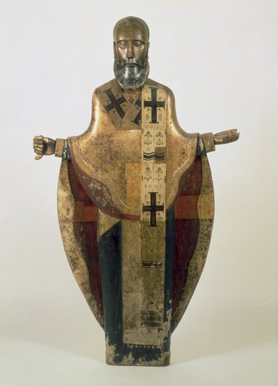 Posąg św. Mikołaja z Możajska, ros., kon. XVI w. (drewno, brokat ozdobny, zaprawa murarska, tempera) autorstwa Russian School