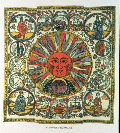 Słońce i zodiak, ros., koniec XVIII w. (odbitka drzeworytowa) autorstwa Russian School