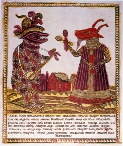 Drzeworyt tradycyjny kolor Ilustracja opowieść o niedźwiedziu i kozie. Rosyjski c.1830 (grawerowanie) autorstwa Russian School
