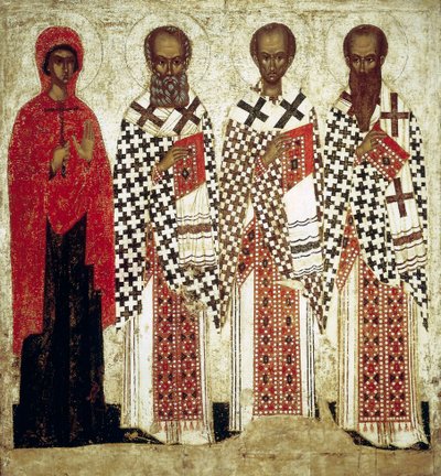 Paraskeva Pyatnica, Grzegorz Teolog, Jan Chryzostom i Bazyli Wielki, początek XV w. autorstwa Russian icon.