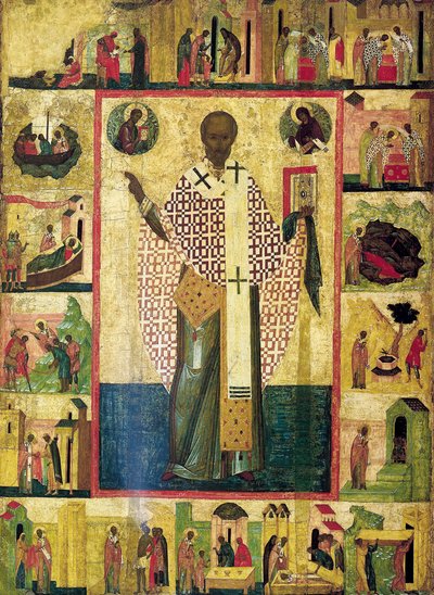 Święty Mikołaj z Zarajska ze scenami z jego życia, początek XVI wieku. autorstwa Russian icon.