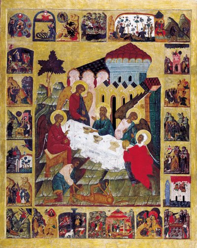 Trójca Starego Testamentu ze scenami z Księgi Rodzaju, ok. 1580. autorstwa Russian icon.