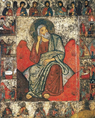 Prorok Eliasz na pustkowiu ze scenami z jego życia i Deesis, 13-pierwsza trzecia 14-go autorstwa Russian icon.