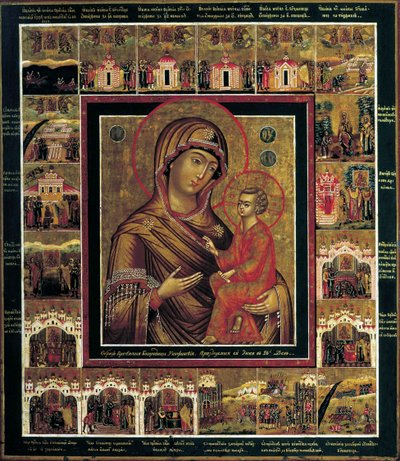 Madonna z Tichwinu ze scenami granicznymi, pierwsza ćw. XIX w. autorstwa Russian icon.