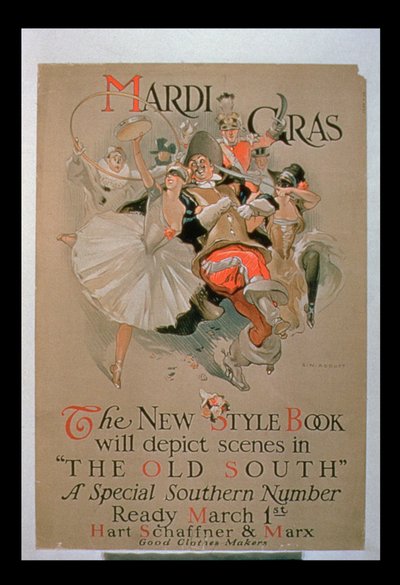 „Mardi Gras”, reklama „The New Style Book”, specjalny numer południowy ze scenami ze „starego południa” (kolor lito) autorstwa S.N. Abbott