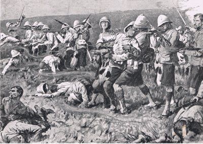 Majuba Hill, 27 lutego 1881 (1. wojna burska), ilustracja z brytyjskich bitew lądowych i morskich, 1915 autorstwa S. Begg