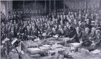 Jedno z najbardziej doniosłych wydarzeń w historii Parlamentu 3 sierpnia 1914, z Cassells History of the British People opublikowanej przez Waverley Book Company Limited, c.1940 autorstwa S. Begg