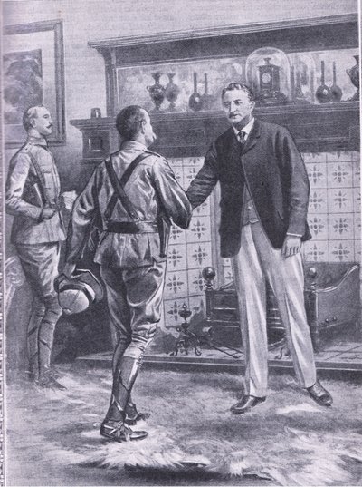 Kiedy Kimberley została zwolniona przez Francuzów. Generał French i Cecil Rhodes, ilustracja z Cassells Romance of Famous Lives, ok. 1940 r. autorstwa S. Begg