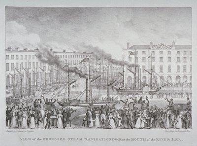 Widok proponowanego doku żeglugi parowej przy ujściu rzeki Lea, ok.1835 autorstwa S. Hemming