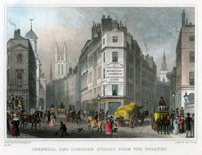 Cornhill i Lombard Street z drobiu, City of London, 1830. autorstwa S. Lacey
