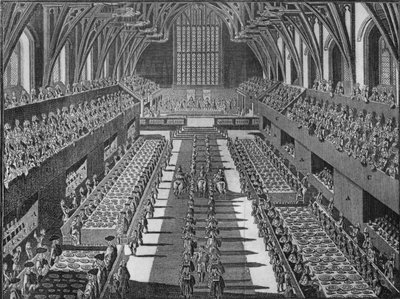 Wnętrze Westminster Hall na bankiecie koronacyjnym króla Jerzego II, 1727 1911 autorstwa S Moore
