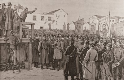 Policja ochraniająca reportera rządowego na „spotkaniu dotyczącym planu kampanii”, z „The Illustrated London News”, 8 stycznia 1887 r. (rycina) autorstwa S. T. Dadd
