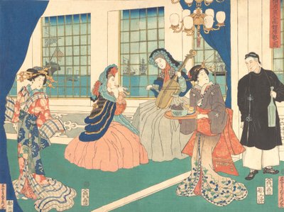 Salon przedsiębiorstwa zagranicznego w Jokohamie, 9 miesiąc, 1861. autorstwa Sadahide Utagawa