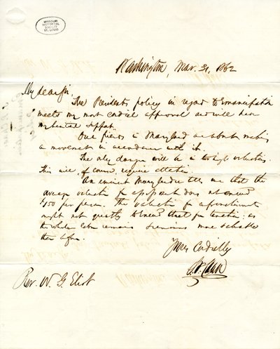 List podpisany przez S.P. Chase, Waszyngton, do W.G. Eliota, 31 marca 1862 r autorstwa Salmon P. Chase