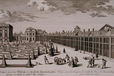 Widok jednej z oranżerii w ogrodzie księcia Schwarzenberga w Wiedniu, sztychowany przez Georga-Daniela Heumanna (1691-1759), wydany ok. 1724-37 (rycina) (zob. też 170855) autorstwa Salomon (after) Kleiner
