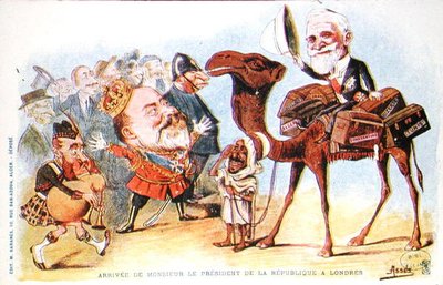 Karykatura przybycia prezydenta Republiki Francuskiej Emila Loubeta (1838-1929) w Londynie w 1903 r. (kolor lito) autorstwa Salomon Assus