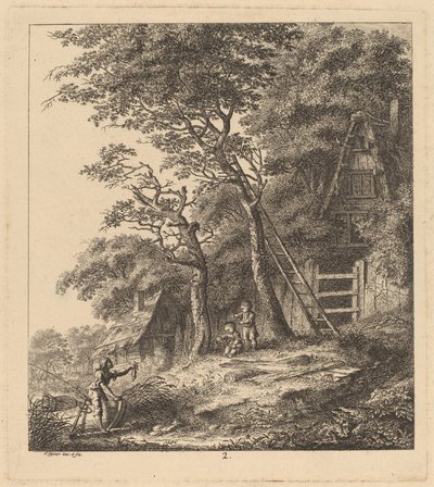 Rybak i dwoje dzieci w krajobrazie z domkami krytymi strzechą, 1764. autorstwa Salomon Gessner