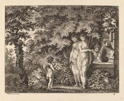 Eros z trzema dziewczynami przy fontannie autorstwa Salomon Gessner
