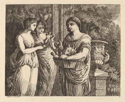 Sprzedawca figurek z dwiema dziewczynami autorstwa Salomon Gessner