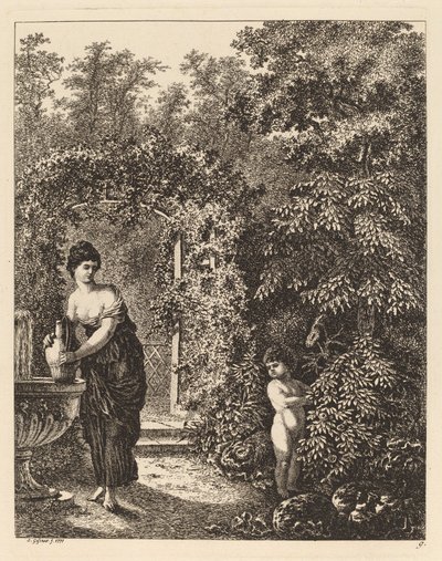 Putto odwiedza dziewczynę przy fontannie, 1771. autorstwa Salomon Gessner