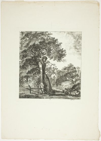 Owca przy posągu Pana, płyta piąta z Paysages Dédiés à M. Warelet autorstwa Salomon Gessner