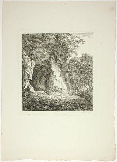 Pasterze i owce odpoczywający pod mostem, płyta siódma z Paysages Dédiés à M. Warelet autorstwa Salomon Gessner