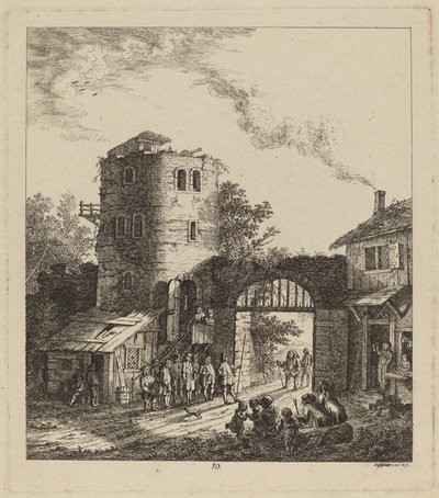 Wieśniacy przy bramie miejskiej witający dygnitarza, 1764. autorstwa Salomon Gessner