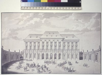 Cała strona: Pałac Liechtensteinów, Wiedeń, widok pałacu od frontu (pióro, pędzel i tusz) autorstwa Salomon Kleiner