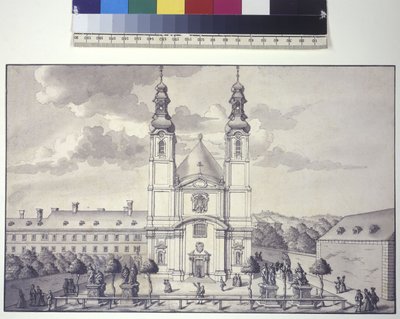 Cała strona: widok z przodu kościoła Serwitów na przedmieściach Rossau (rysunek piórkiem i tuszem) autorstwa Salomon Kleiner