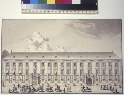 Cała strona: widok pałacu od frontu w Nos (rysunek piórkiem i tuszem) autorstwa Salomon Kleiner
