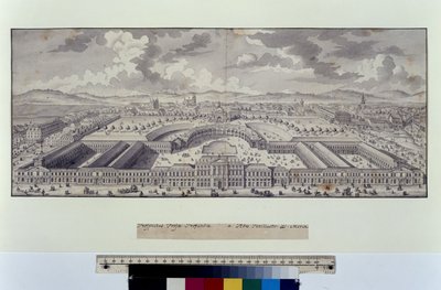 Cała strona: widok z lotu ptaka stajni cesarskich w kierunku przedmieść (pióro, pędzel i tusz) autorstwa Salomon Kleiner