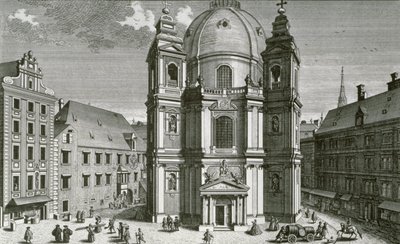 Widok kościoła Peterskiego w Wiedniu, wyryty przez Johanna Bernarda Hattingera autorstwa Salomon Kleiner
