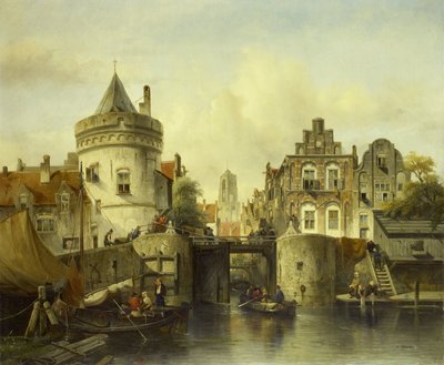 Wyimaginowany widok na podstawie Kolksluis, Amsterdam autorstwa Salomon Leonardus Verveer