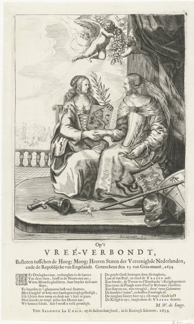 Wyrażenie do pokoju westminsterskiego, 1654 Na Vree-Verbondt, Zamknięty między Najwyższym: Moog: Heeren Staten der Vereenighde Nederland, ende Republikcke van Englandt. Geteeckent den 15 van Gras-maant, 1654 (tytuł na obiekcie) autorstwa Salomon Pietersz. Lachair