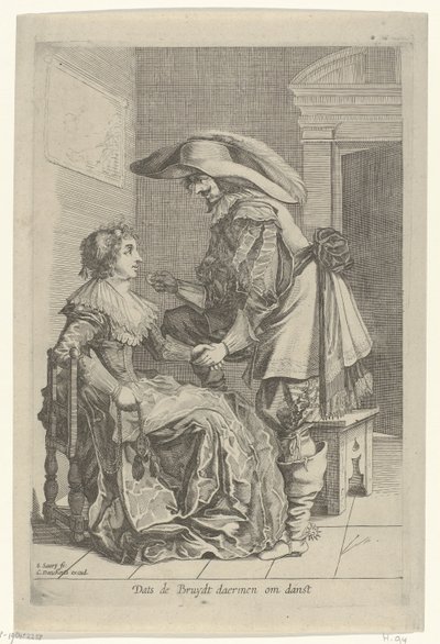 Mężczyzna oferuje kobiecie monetę Dats de Bruydt daermen om danst (tytuł na obiekcie) autorstwa Salomon Savery