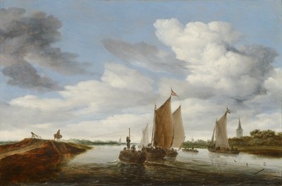 Krajobraz rzeczny z żaglówkami i barką zaprzężoną w konie autorstwa Salomon van Ruisdael or Ruysdael